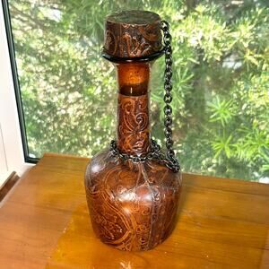 Vintage Spanish Glass Decanter with Tooled Leather Cover & Cork Stopper